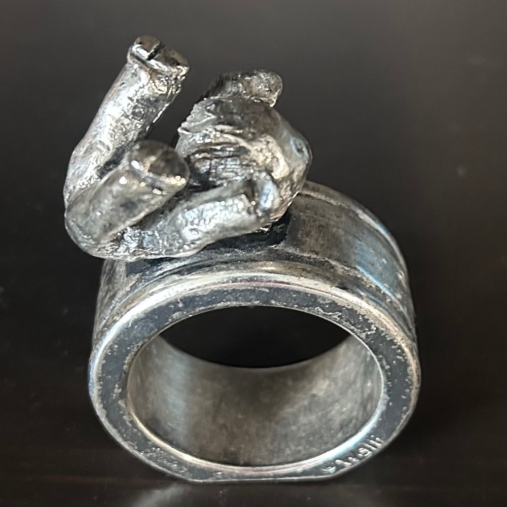 Hudson Walli Pewter Napkin Ring Brutalist Boy Playing Figurine Silver Tone USA